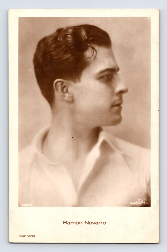Ramon Novarro 1920s MGM portrait postcard showing side profile studio photograph with soft focus lighting