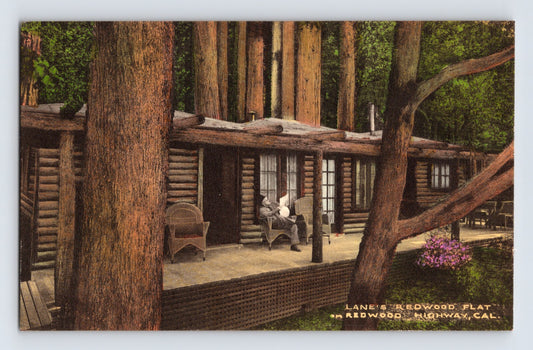 1910s hand colored postcard of Lane's Redwood Flat in Mendocino California showing rustic log cabins beneath towering redwood trees with seated figures on a shaded porch