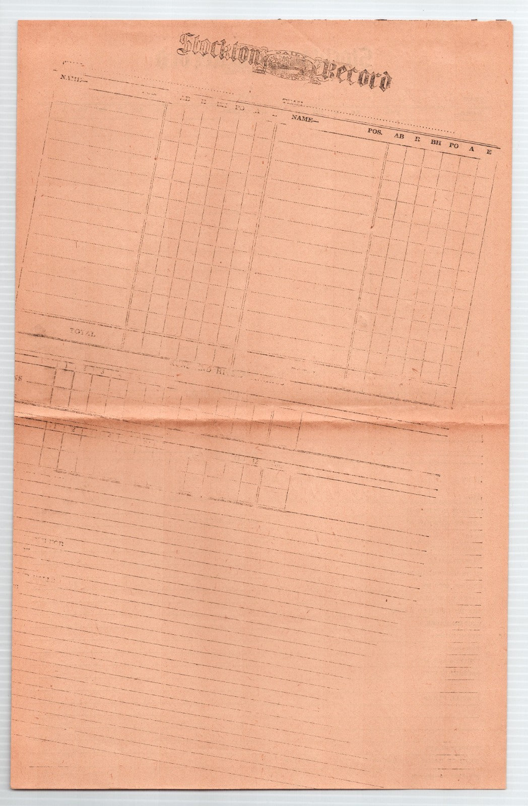 Stockton California Stockton Record Baseball Score Sheet 1940s Blank 8.5 x 14