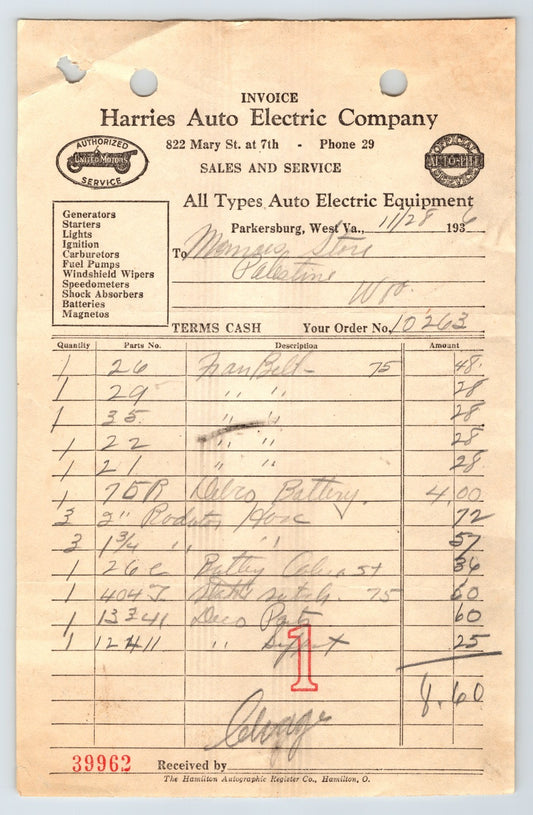 Parkersburg West Virginia Harries Auto Electric Company 1936 invoice billhead automotive service document