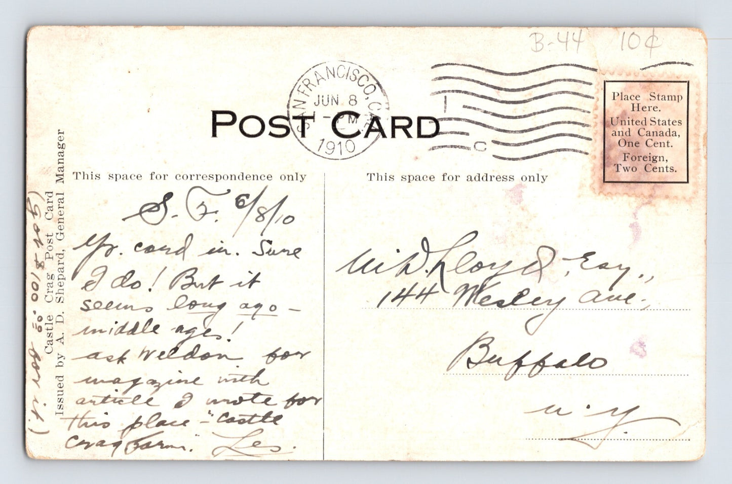 Mount Shasta California Castle Crags Farm Hall 1910 Postcard Posted Divided