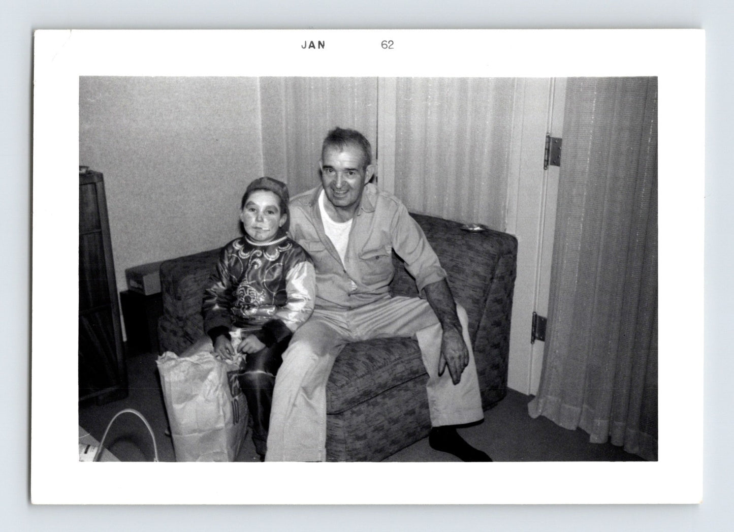 Halloween photo child costume with grandfather indoors 1961 snapshot trick or treat bag living room scene 3.25 x 4.5