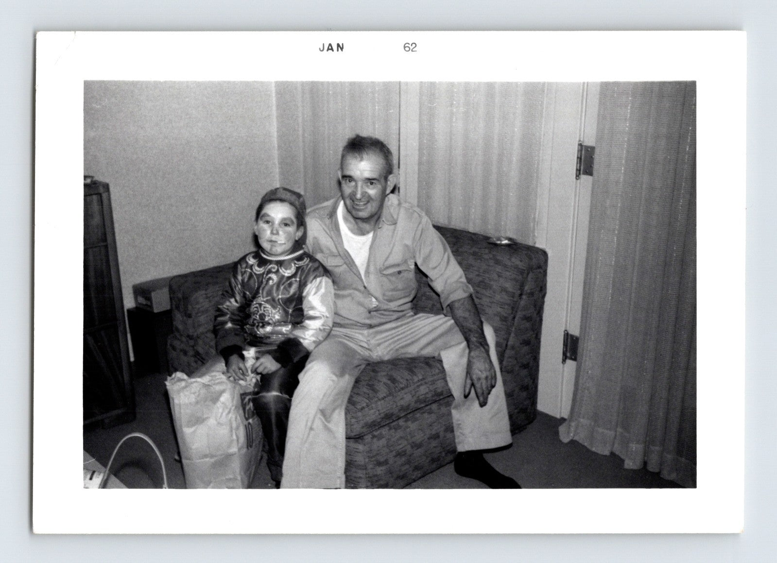 Halloween photo child costume with grandfather indoors 1961 snapshot trick or treat bag living room scene 3.25 x 4.5