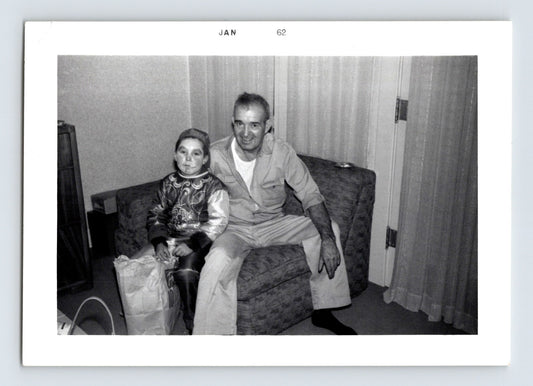 Halloween photo child costume with grandfather indoors 1961 snapshot trick or treat bag living room scene 3.25 x 4.5