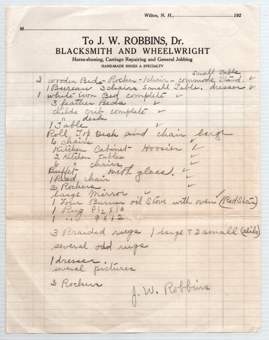 Wilton New Hampshire Robbins Blacksmith and Wheelwright 1920s handwritten billhead