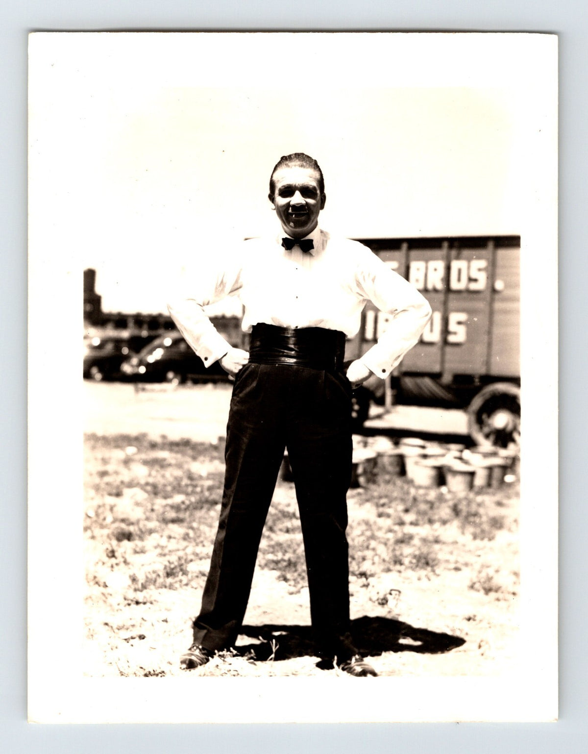 Cole Bros Circus 1944 announcer H Thomas standing outdoors Grand Island Nebraska vintage photo