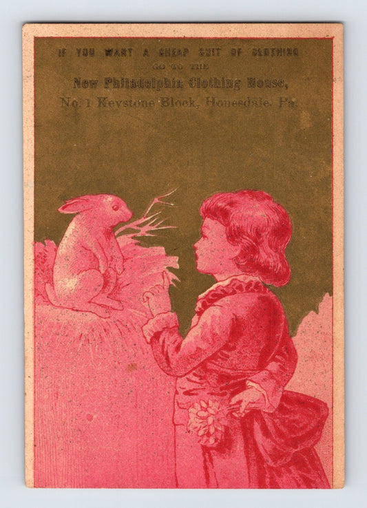 Honesdale Pennsylvania Rabbit Girl New Philadelphia Clothing House Trade Card 4.5 x 3