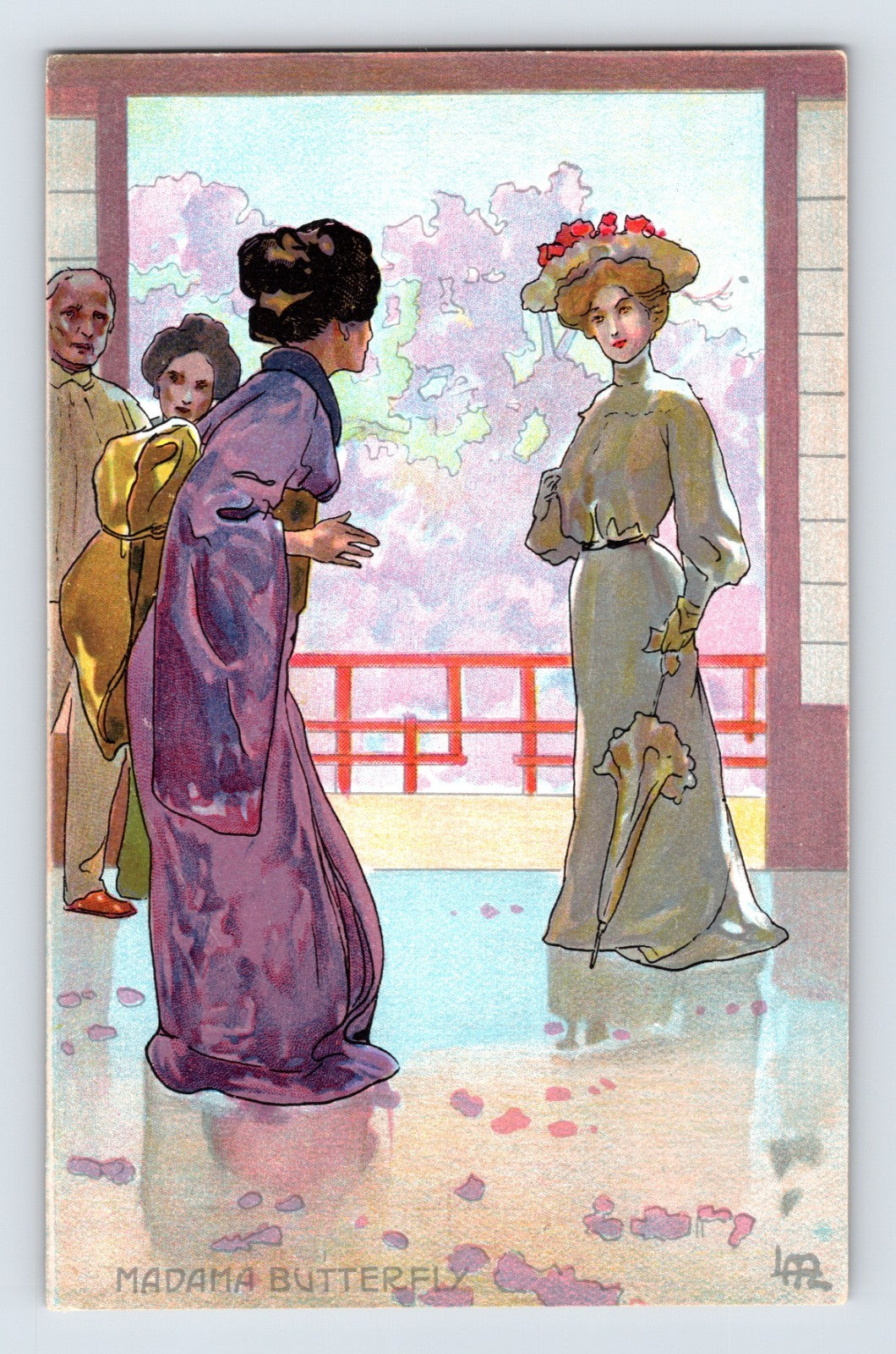 Pre-1907 postcard titled Madam Butterfly showing Western-dressed woman in garden scene with Japanese-inspired setting, art nouveau illustration