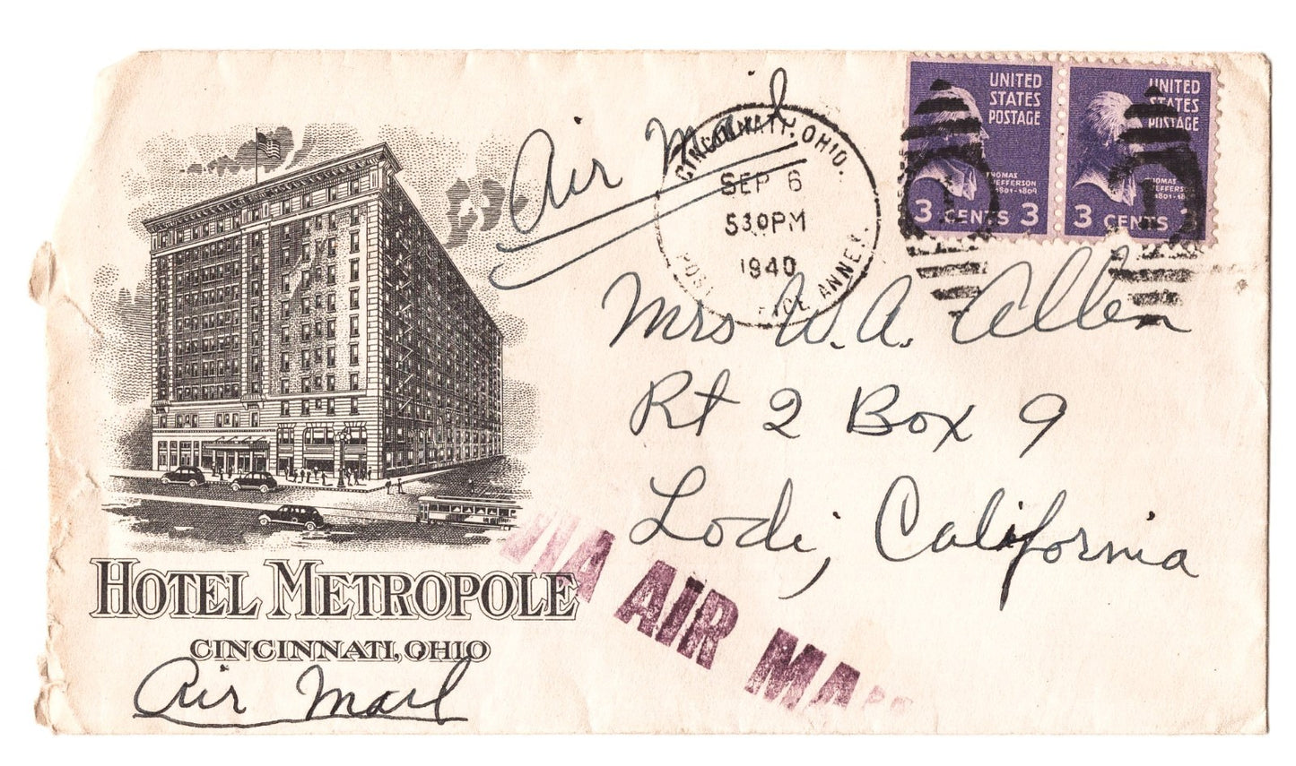 Cincinnati Ohio 1940 Hotel Metropole Letterhead + Envelope Cover