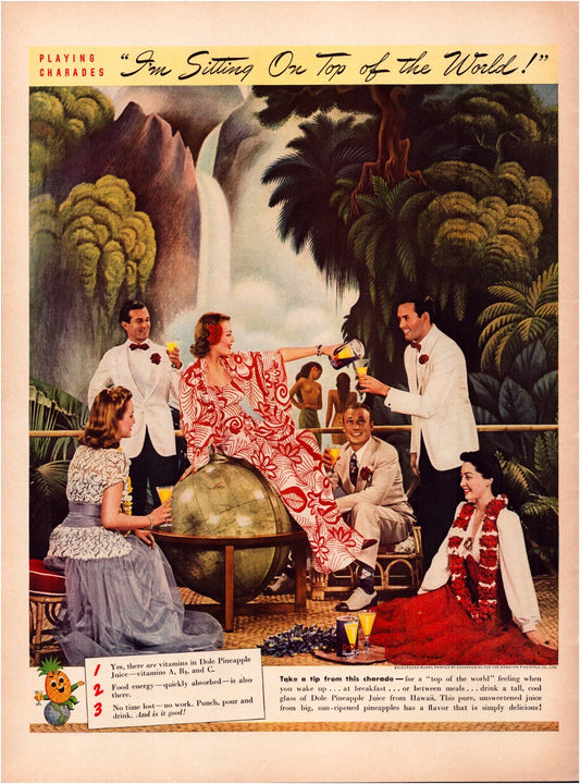 Dole pineapple juice 1941 tropical tiki party scene waterfall group vintage print ad