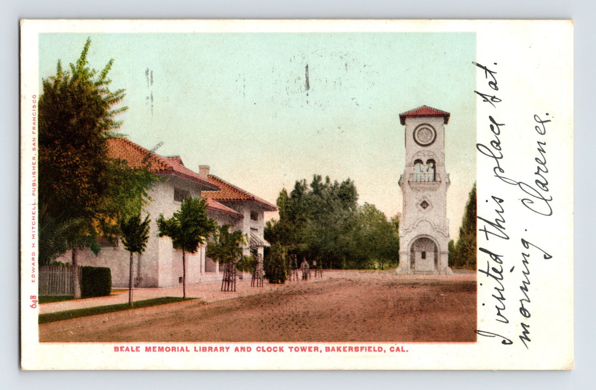 Bakersfield California Beale Memorial Library clock tower street view 1906 postcard early city scene undivided back