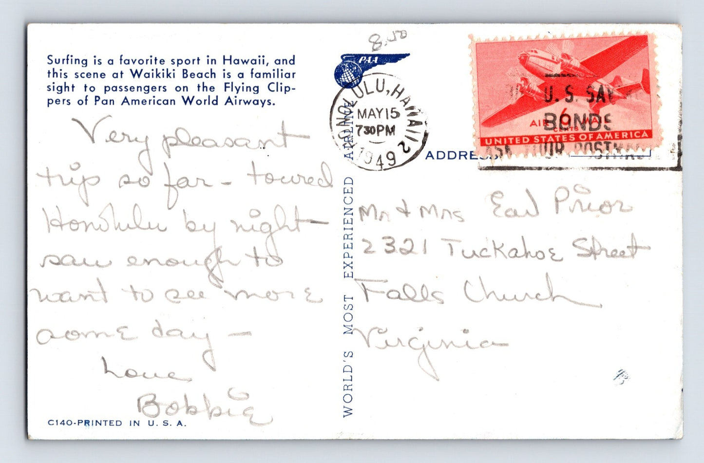 Hawaii Surfing Pan American Airlines 1949 Chrome Postcard Posted Air Mail