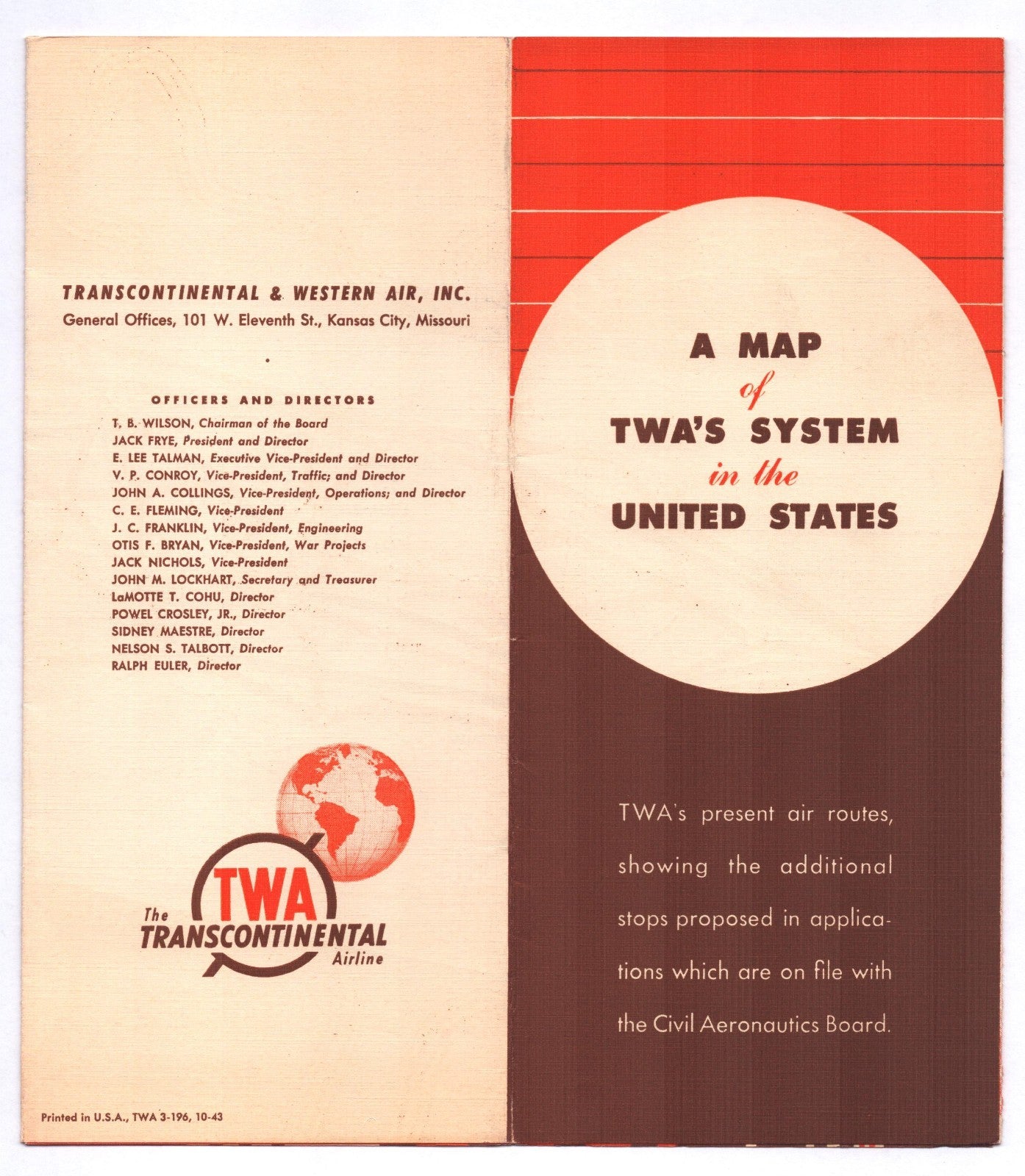 Foldout brochure cover for TWA Transcontinental Western Airlines 1944 system map showing route network in the United States