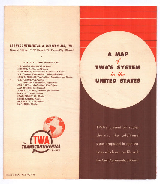 Foldout brochure cover for TWA Transcontinental Western Airlines 1944 system map showing route network in the United States