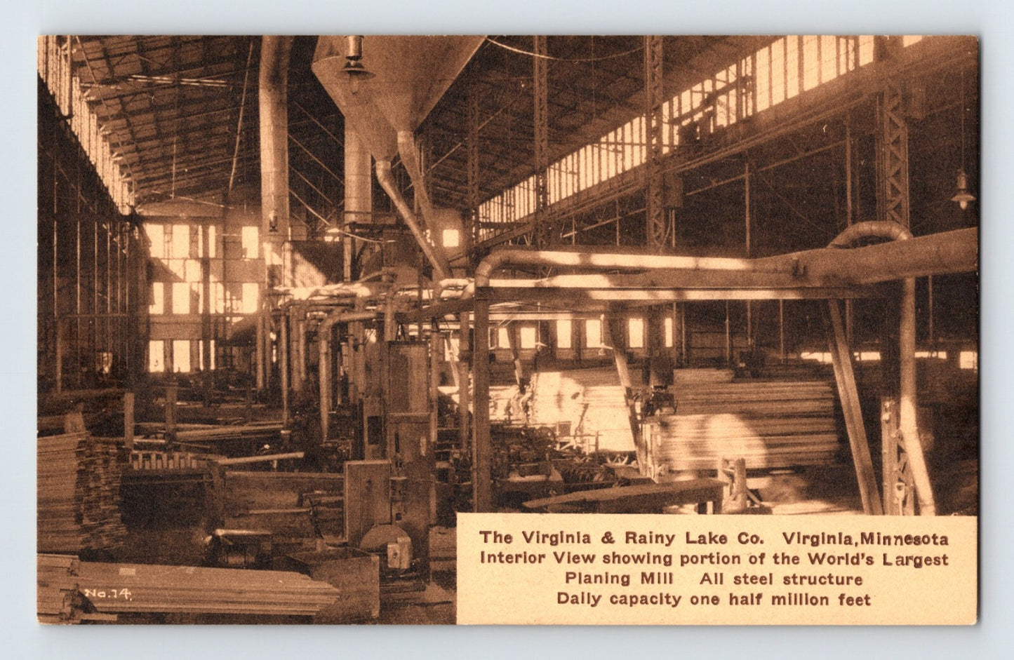 Virginia Minnesota Rainy Lake Company lumber mill interior machinery and planing equipment Albertype postcard 1920s