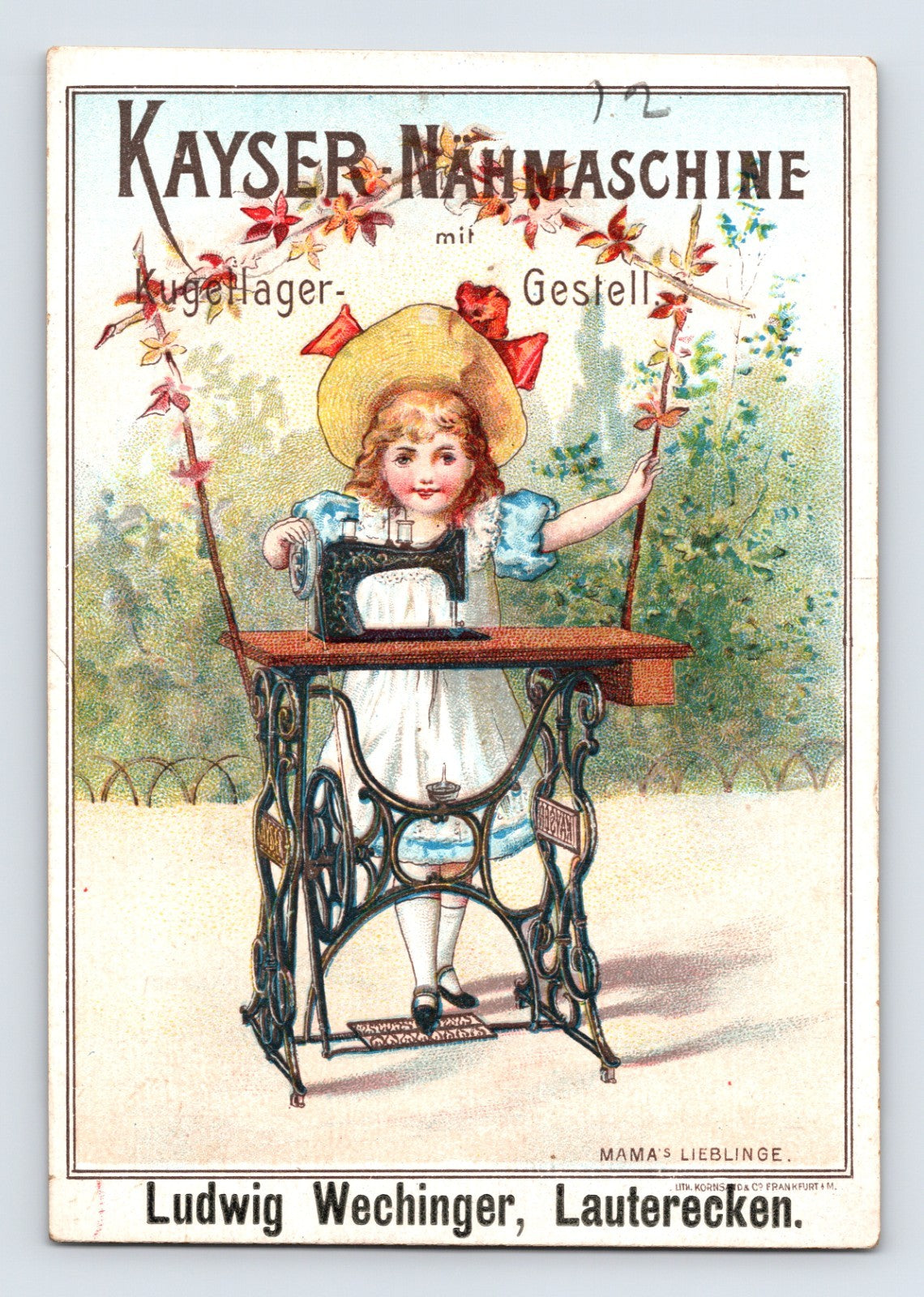 Kayser sewing machine trade card showing young girl operating treadle machine under floral arch, German advertising with decorative chromolithograph
