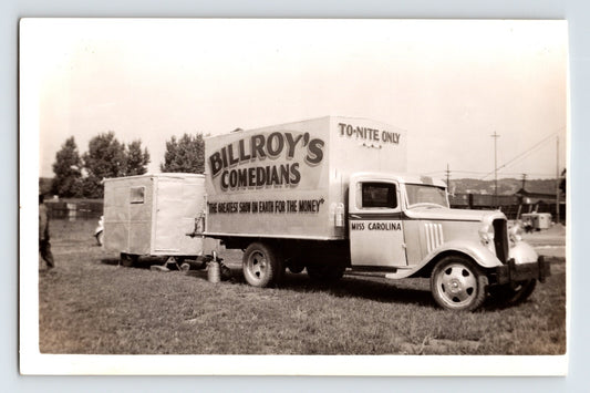 1939 photograph of Billroy’s Comedians truck with attached trailer and bold show lettering on side panel