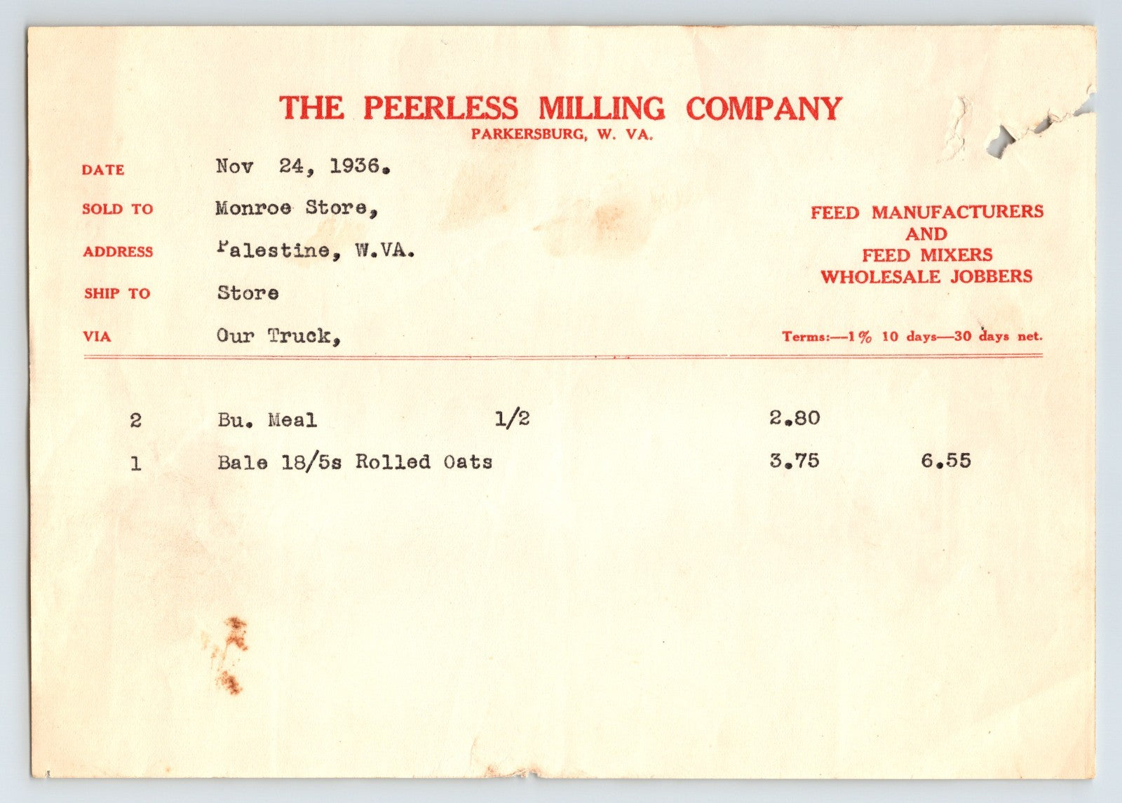 Parkersburg West Virginia Peerless Milling Company 1936 billhead oats meal feed invoice document