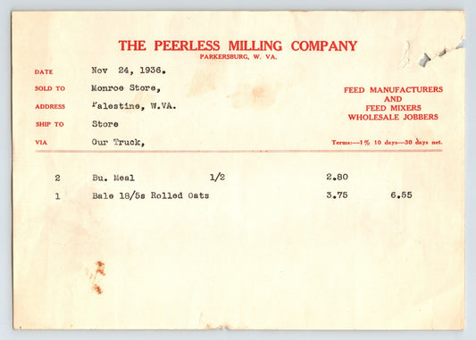 Parkersburg West Virginia Peerless Milling Company 1936 billhead oats meal feed invoice document