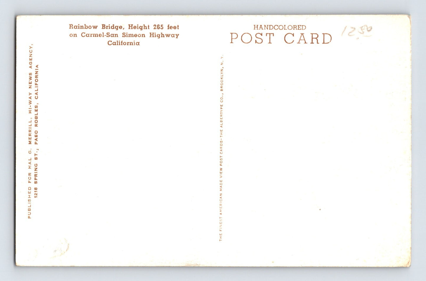 Carmel California Rainbow Bridge San Simeon Highway 1920s Postcard Unposted