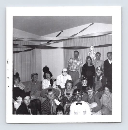 Halloween Party Group Costumes Skeleton Mask 1960 Photo Snapshot 3.5 x 3.5