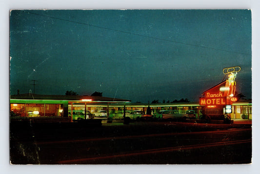 Liberal Kansas Ranch Motel neon sign night roadside cars 1960 chrome postcard