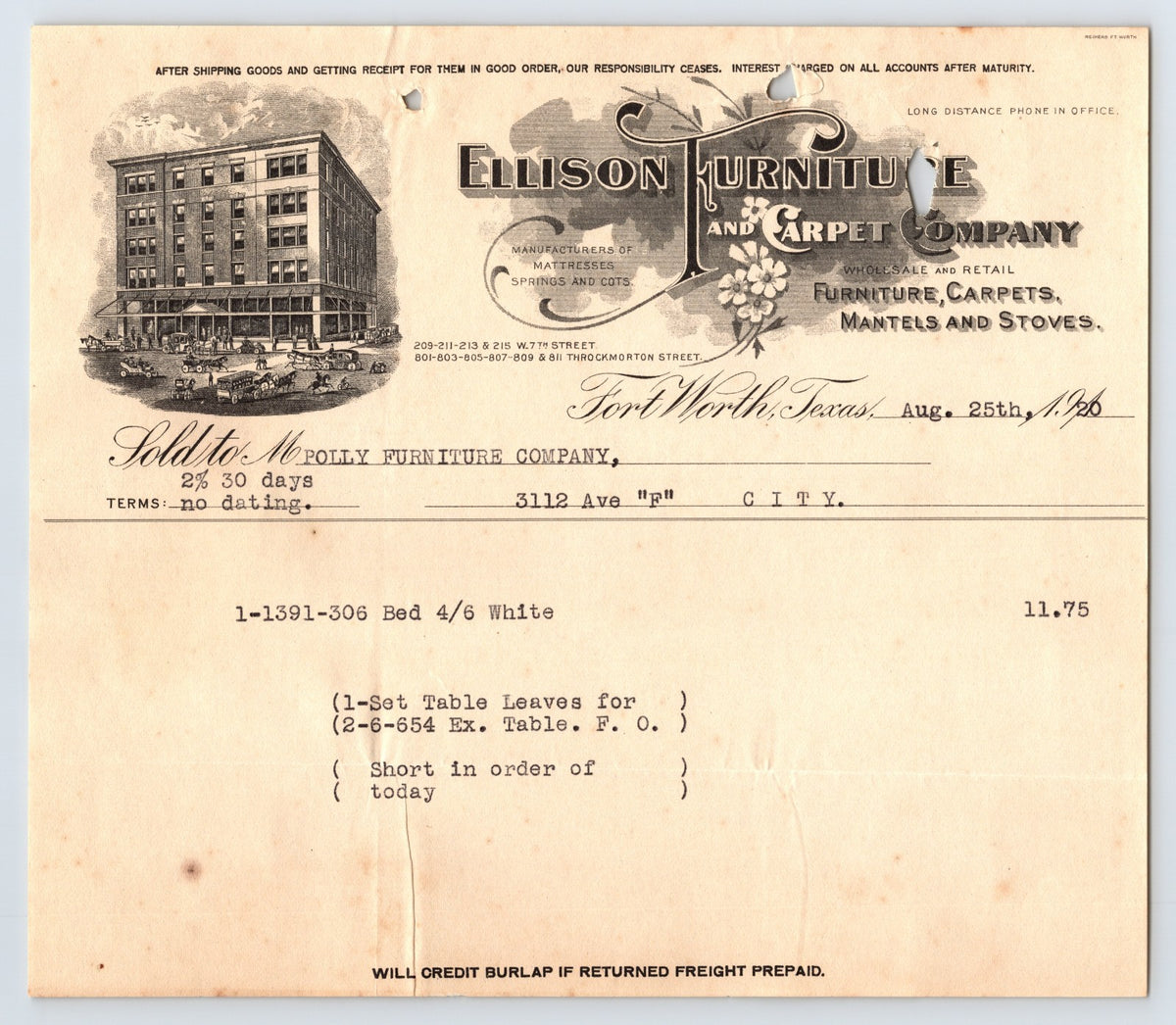 Fort Worth Texas 1926 Ellison Furniture Carpet Company Invoice Bed Table Leaves