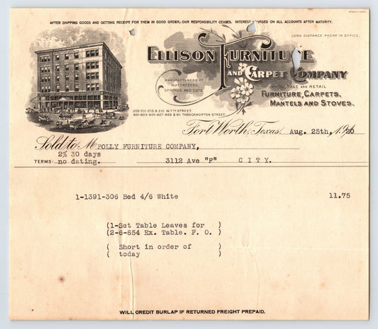 Fort Worth Texas 1926 Ellison Furniture Carpet Company Invoice Bed Table Leaves