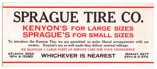 Vintage advertising blotter for Sprague Tire Company of Omaha, Nebraska, promoting Kenyon tires with bold black-and-red typography and service garage locations.