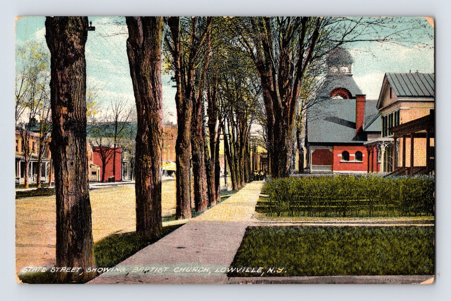 Lowville New York State Street Baptist Church 1914 tree lined street color postcard