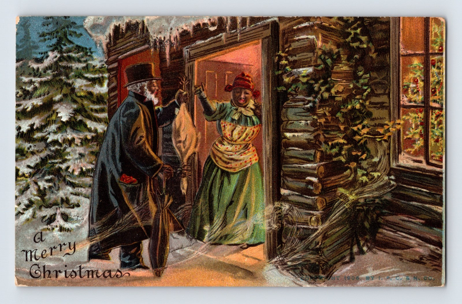 African American family welcoming Victorian gentleman to snow-covered log cabin Christmas postcard with holly decoration and 1907 postmark.
