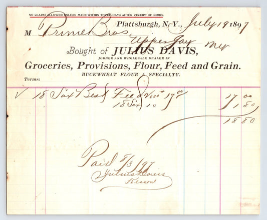 Plattsburgh New York Julius Davis groceries provisions flour 1897 billhead invoice