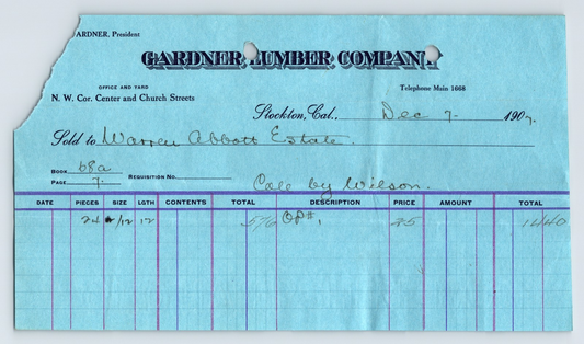 Stockton California 1907 Gardner Lumber Company Billhead Receipt 8 x 4.5