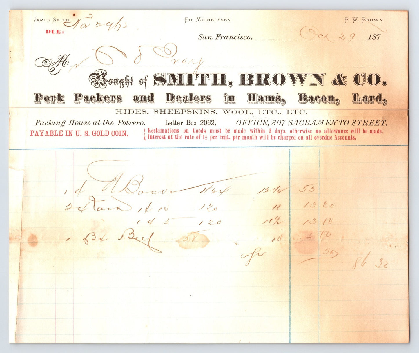 San Francisco California Smith Brown Pork Packers 1870s Billhead - 8 x 7