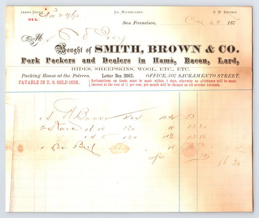 San Francisco California Smith Brown Pork Packers 1870s Billhead - 8 x 7