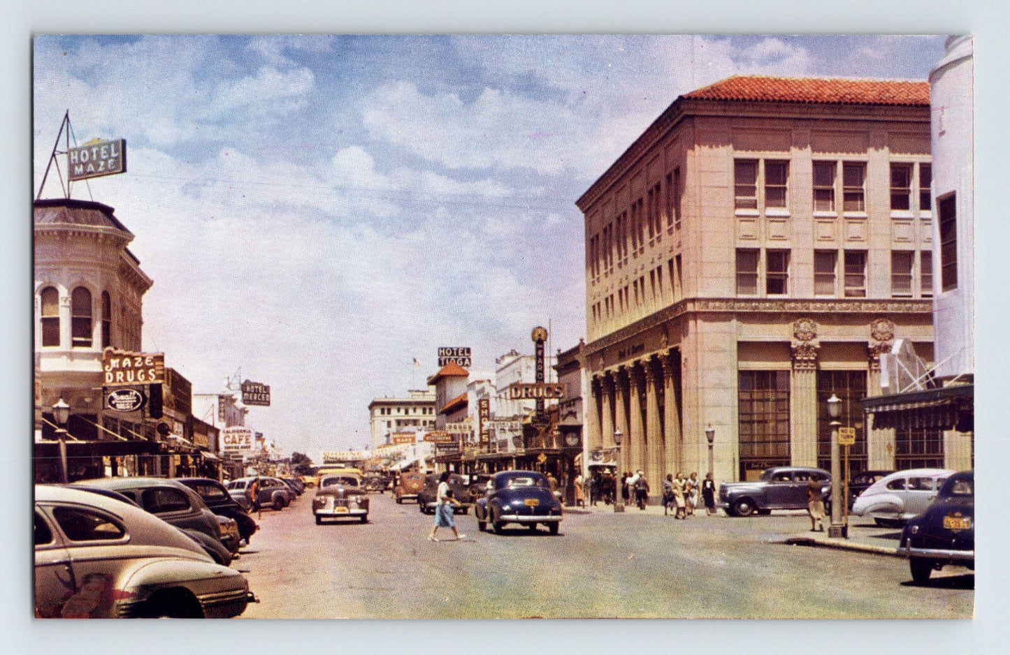 Merced California 17th Street downtown 1950s chrome postcard