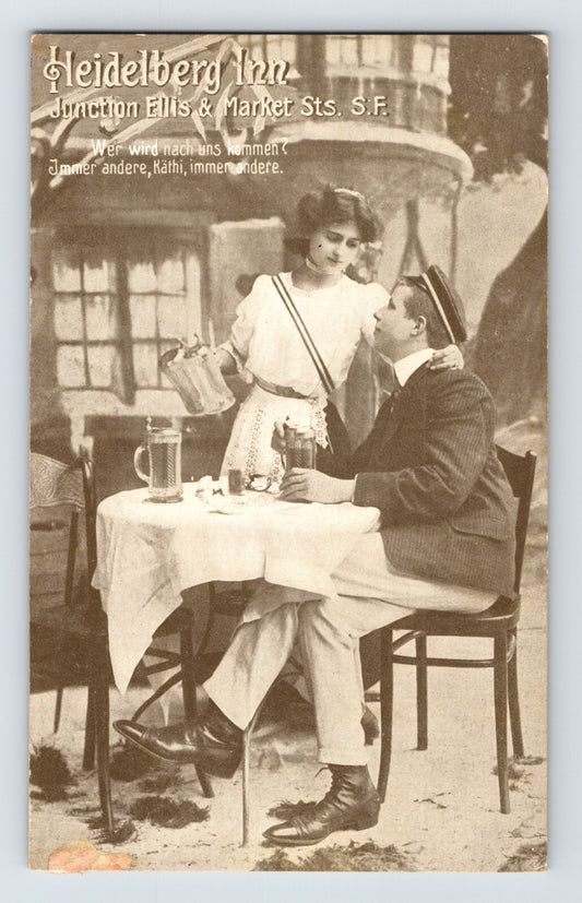 San Francisco Heidelberg Inn restaurant beer scene couple table 1910s postcard Ellis Market Streets