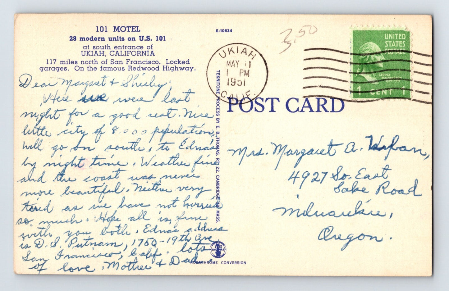 Ukiah California 101 Motel Redwood Highway 1951 Postcard Posted Linen