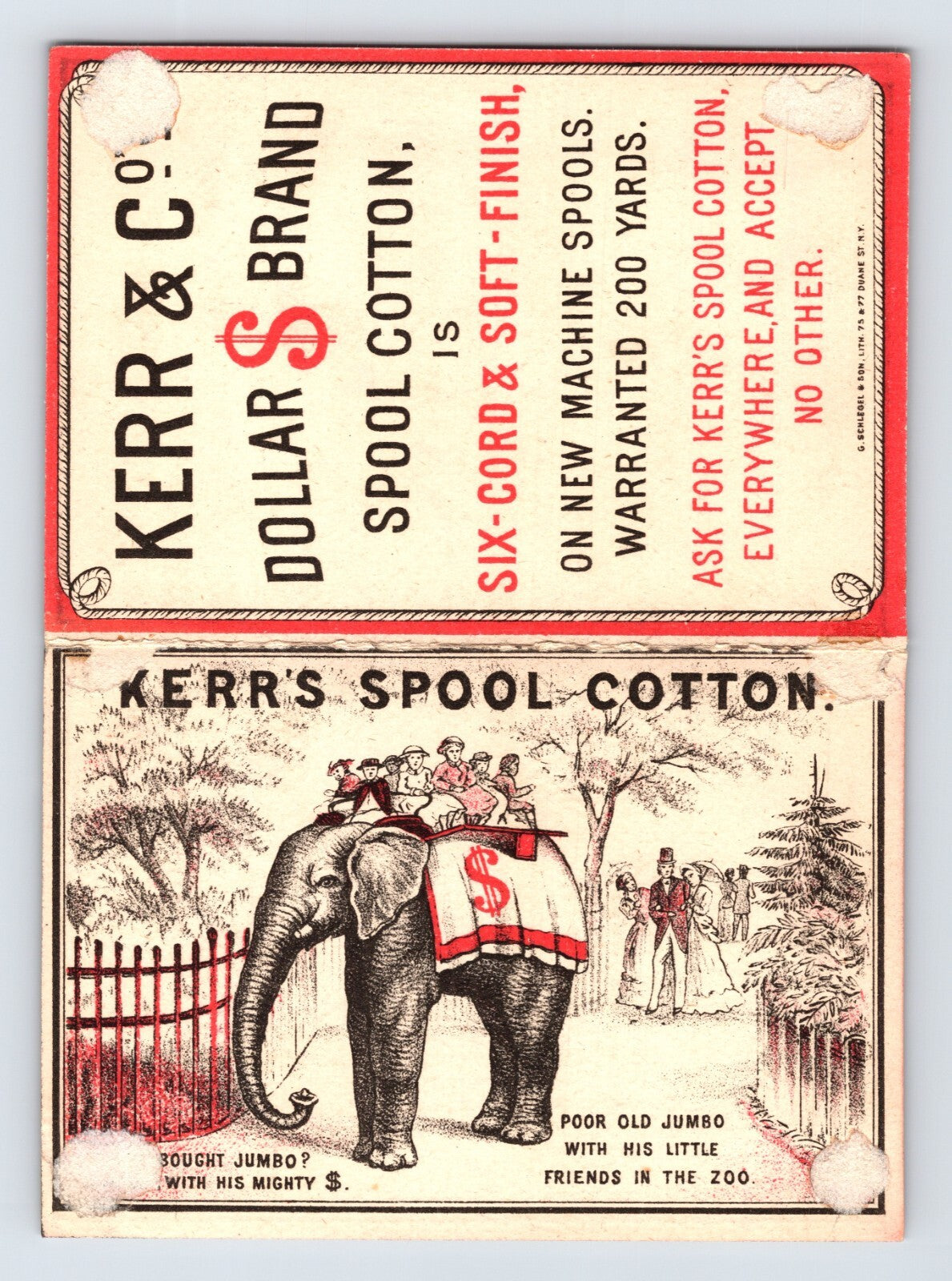 Kerrs Spool Cotton Elephant Strength 1890s Trade Card Folding 4 x 5.5