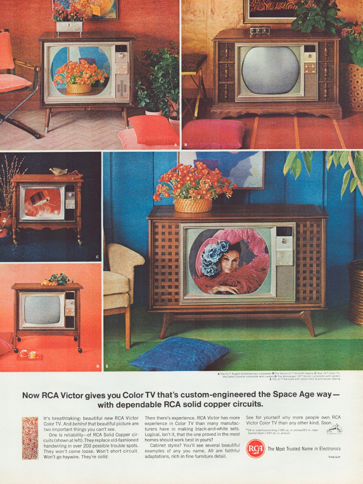RCA Victor color television console models interior decor 1966 print ad