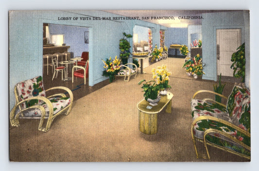San Francisco California Vista Del Mar Restaurant lobby interior wicker furniture linen postcard 1940s