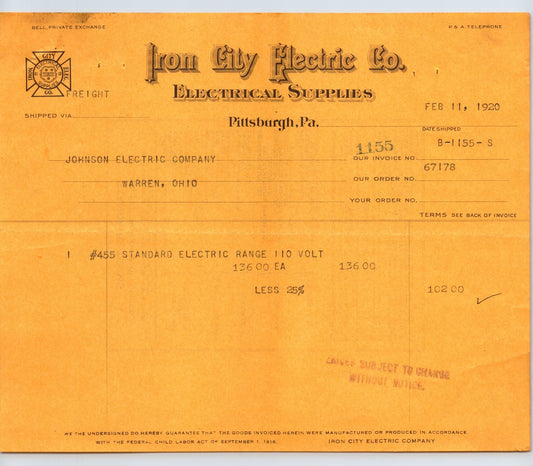 Pittsburgh Pennsylvania 1920 Iron City Electric Company billhead electrical supplies invoice orange paper document 8.5 x 7