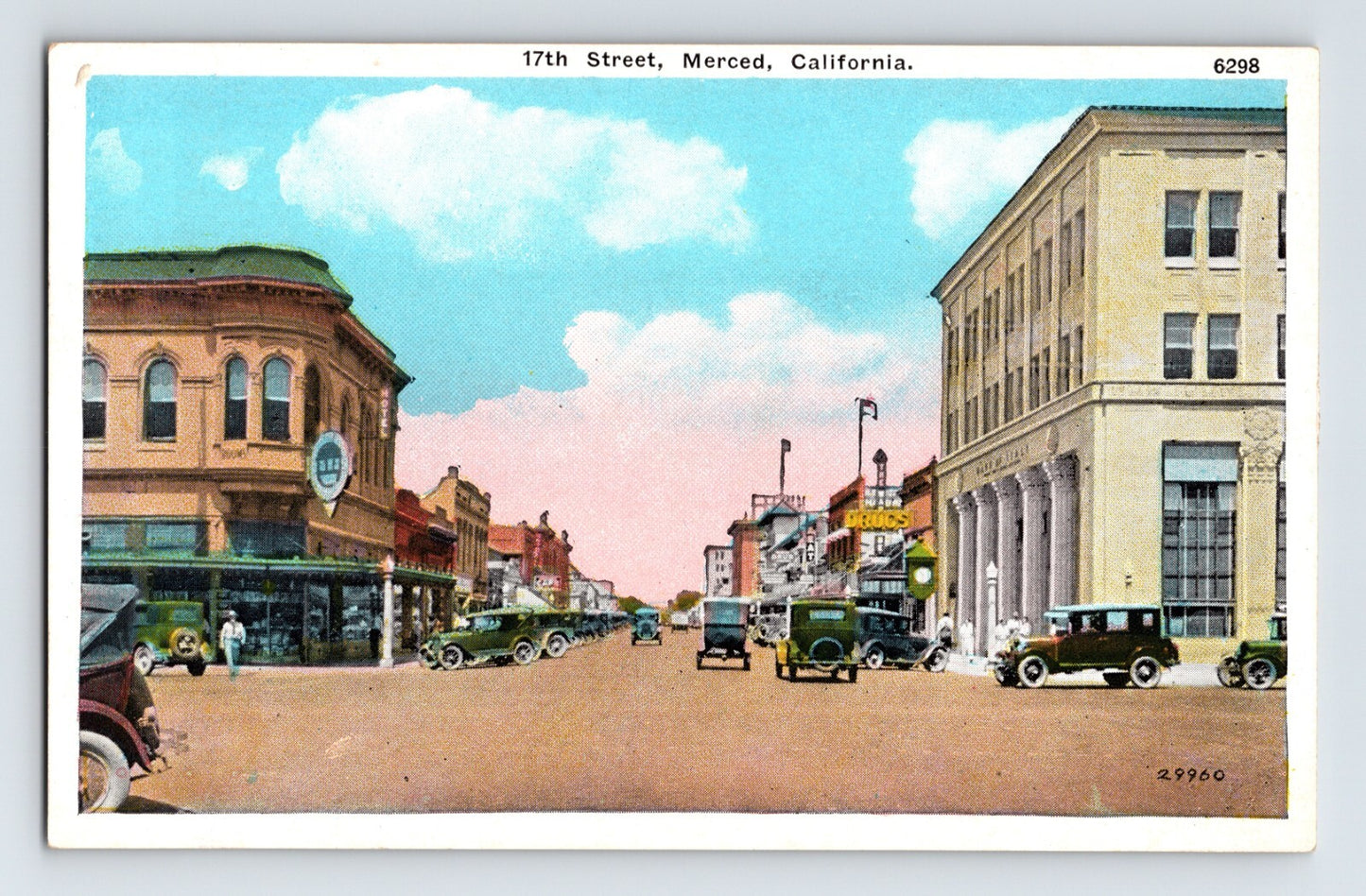 Merced California 17th Street Downtown 1930s Postcard Unposted White Border