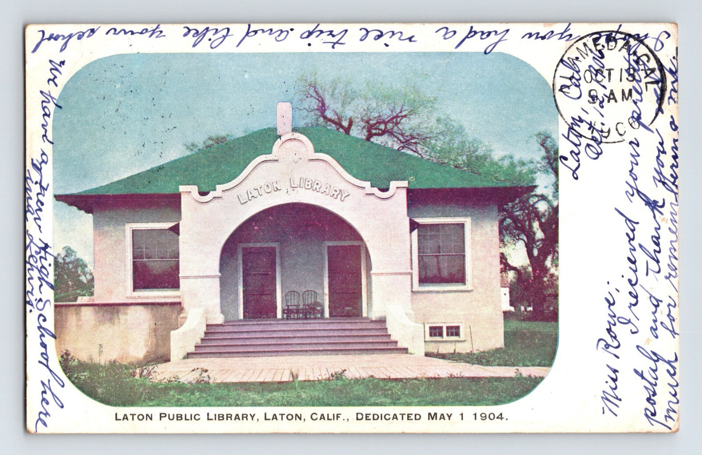 Laton California Public Library 1906 Postcard Posted Undivided Back