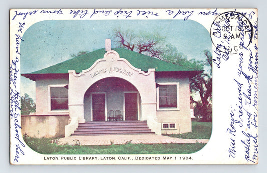 Laton California Public Library 1906 Postcard Posted Undivided Back