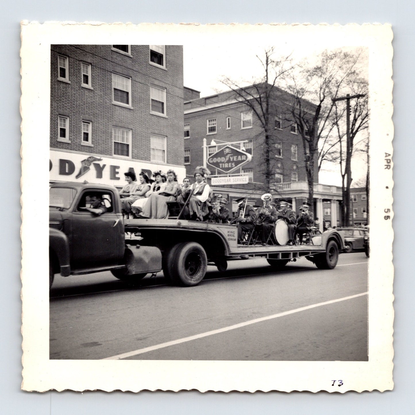 King Bros Circus 1955 band wagon parade snapshot photograph showing musicians and performers riding through downtown Decatur GA