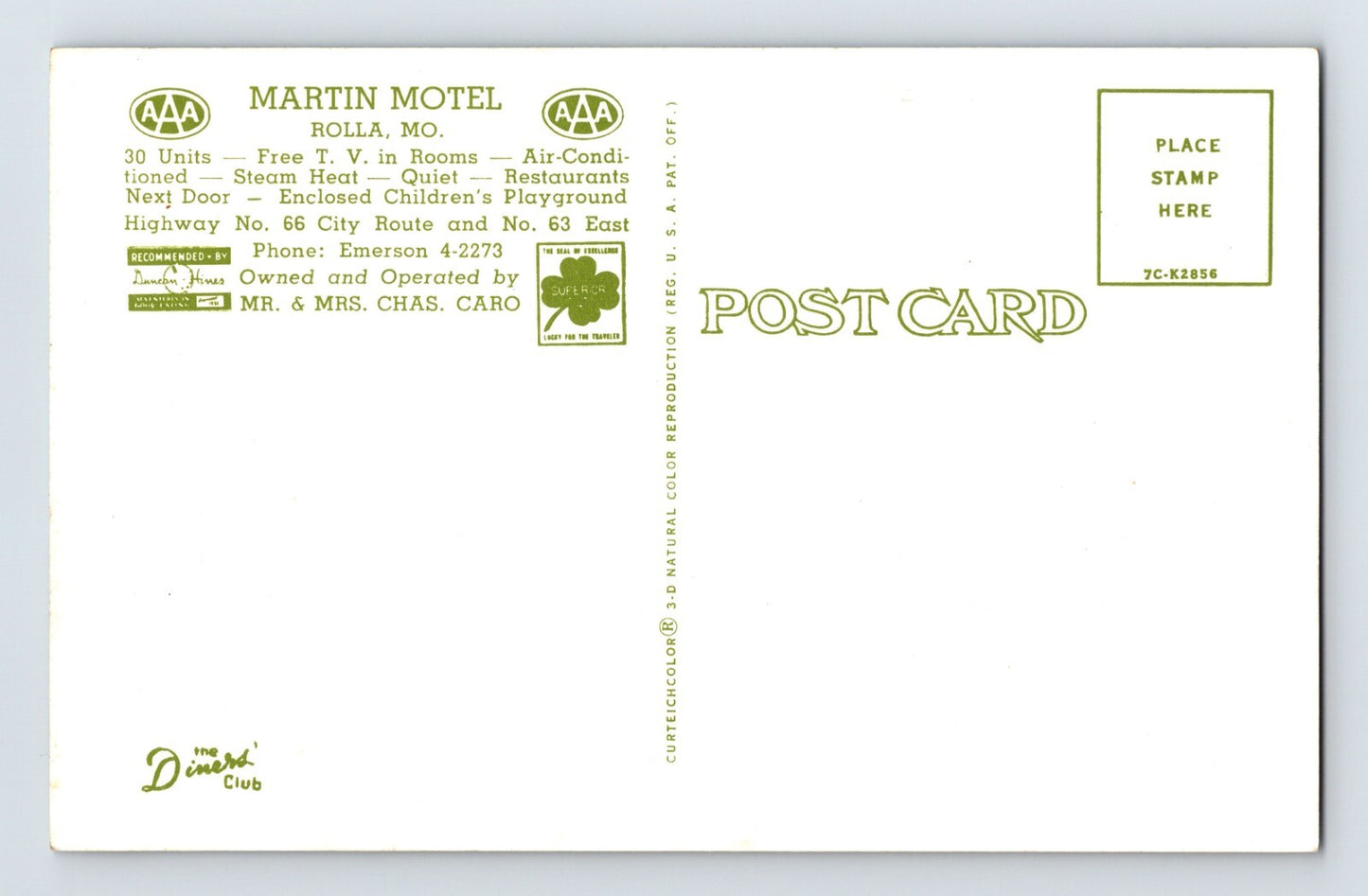 Rolla Missouri Martin Motel Route 66 1960s Postcard Unposted Chrome