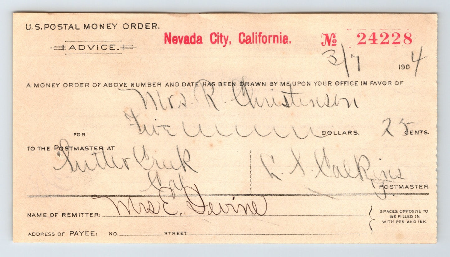 Nevada City California 1904 US Postal Money Order advice form Sutter Creek