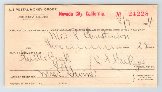 Nevada City California 1904 US Postal Money Order advice form Sutter Creek