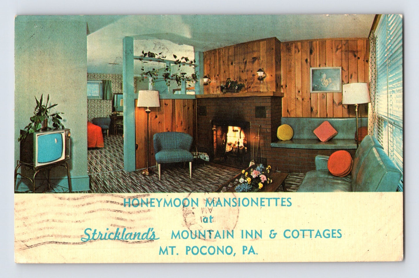 Mount Pocono Pennsylvania Strickland Mountain Inn honeymoon suite fireplace television 1961 postcard